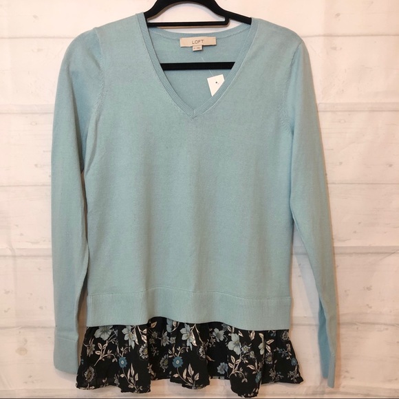 NWT LOFT Floral V-neck Mixed Media Sweater floral touch long sleeve office work - Picture 2 of 15